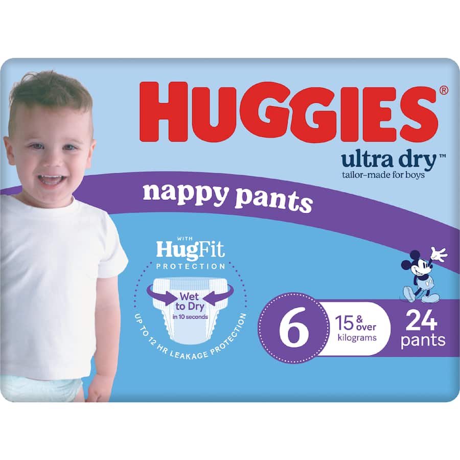 Huggies Ultra Dry Nappy Pants Junior Boys 15kg+ Size 6 24pack