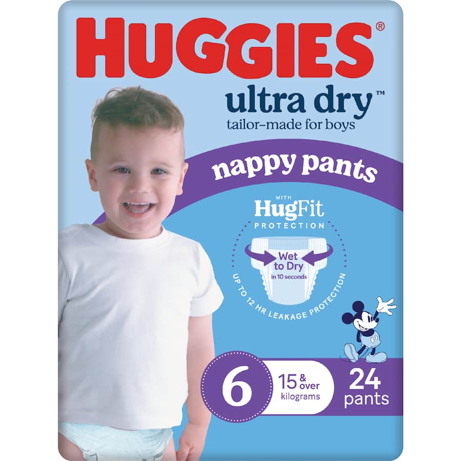 Huggies Ultra Dry Nappy Pants Junior Boys 15kg+ Size 6 24pack