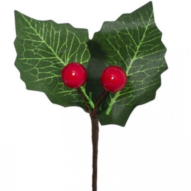Bright red berry pick with leaves, 10cm high, sold in a pack of 12 for festive decorations.