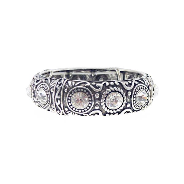 Antique silver bracelet with elegant circles and sparkling diamantes, perfect for any occasion.