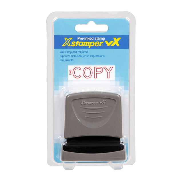 Pre-inked Xstamper Vx-B 1006 in red, allowing up to 20,000 clear impressions before re-inking.