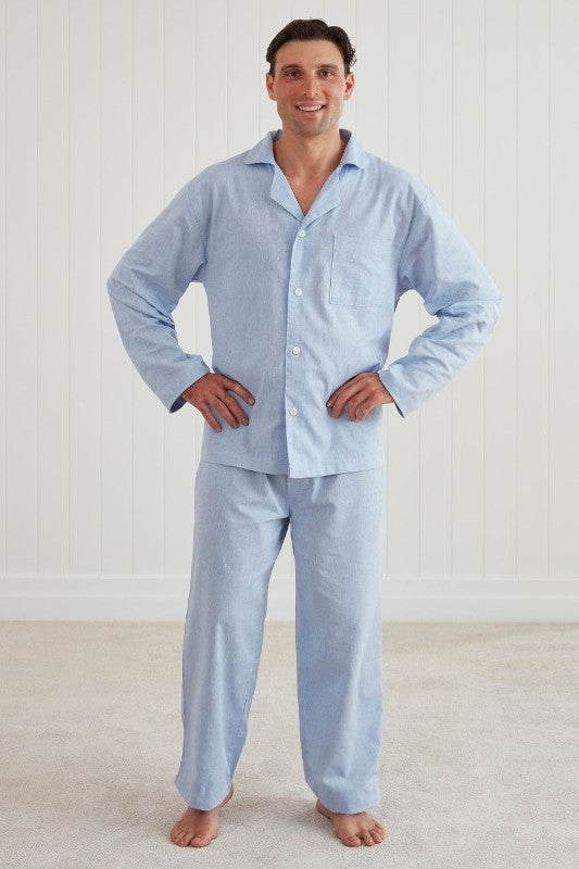 Classic lightweight XL PJ set featuring a button-up top and elasticated pants, made from cotton and linen blend.