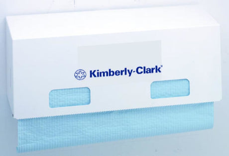 Wall-mounted white dispenser for Kimberly-Clark wipers, designed for convenient and efficient access in any workspace.