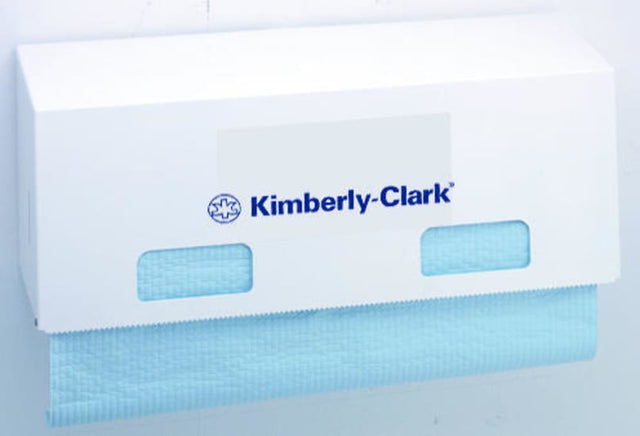 Wall-mounted white dispenser for Kimberly-Clark wipers, designed for convenient and efficient access in any workspace.