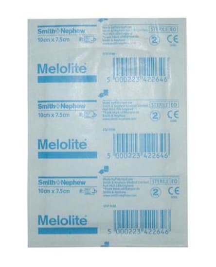 Sterile 75mm x 100mm dressing with Melolite technology for pain-free wound care and easy application.
