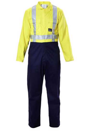 Hi Vis Dome Proban Overall in Navy/Yellow, Size 7, features flame protection, multiple pockets, and a concealed closure for safety.