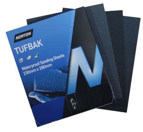 Premium TUFBAK Wet N Dry Sanding Sheet, 230x280mm, Silicon Carbide for fast cutting and versatile sanding in wet or dry conditions.