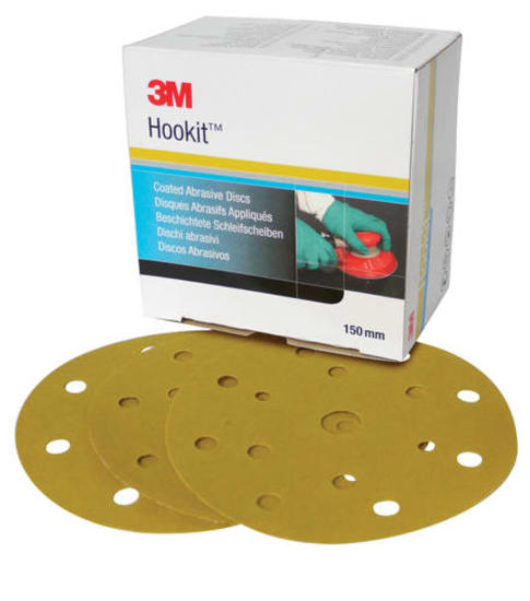 3M Hookit Gold Abrasive Disc 236U P120-150mm for efficient automotive sanding with durable, load-resistant design and easy hook-and-loop attachment.