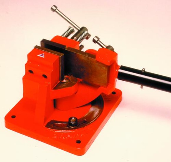 Alt text: Compact Bramley Bar Bender Model AB2, made of cast iron, offers precise metal bending from 0° to 90° with robust clamping.