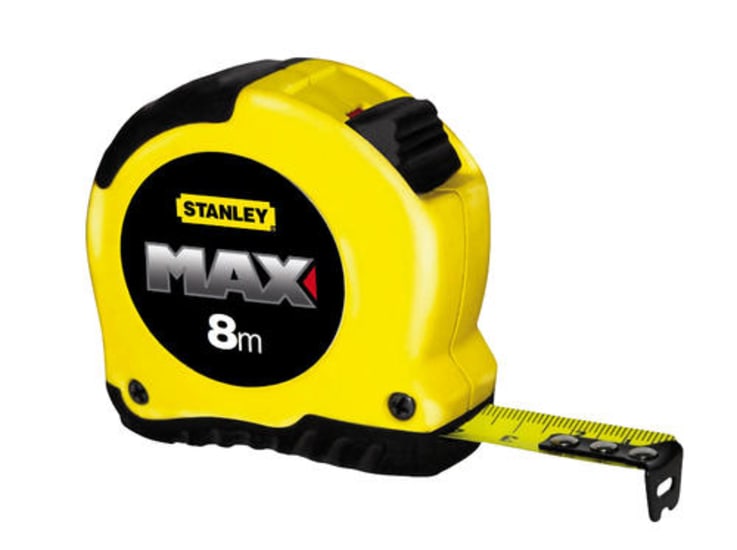 STANLEY MAX Tape Measure 8m x 28mm, featuring a durable casing and easy-to-read markings for precise measurements.