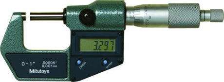 0-1"/0-25mm MITUTOYO digital micrometer with LCD display, carbide-tipped measuring faces, 0.001mm resolution, and lightweight design.