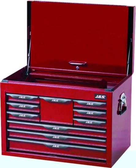 JBS 10 Drawer Tool Chest with lockable panel, 10 drawers, and smooth ball bearing slides for organized tool storage.