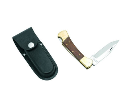 Stock knife with 5-inch stainless steel blade and leather pouch, perfect for outdoor tasks and everyday use.