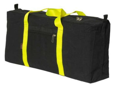 Durable Taurus Big Canvas Tool Bag with multiple pockets, zip closure, and fluorescent straps for visibility on job sites.