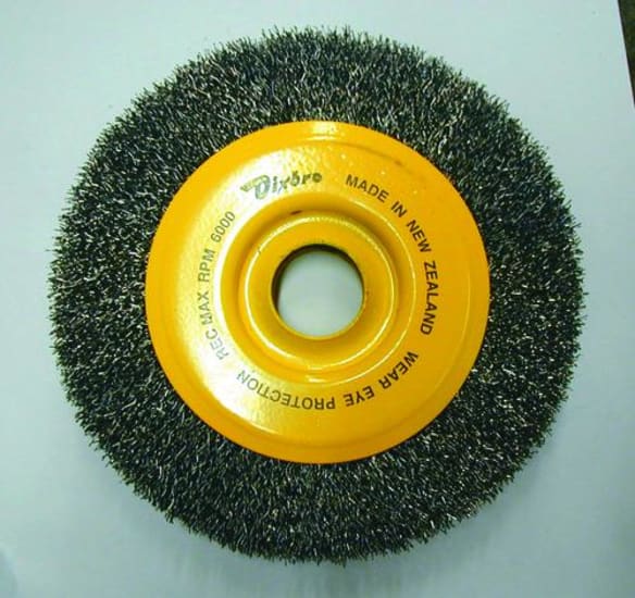 Dixbro Wire Wheels Crimp W100, 100mm x 19/25mm, designed for cleaning and surface prep, compatible with standard shafts.