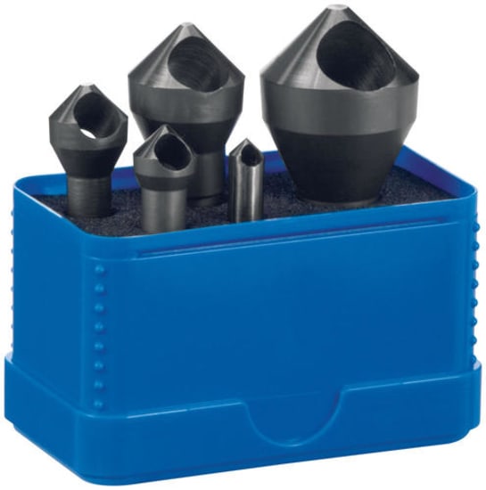 Countersinks set featuring five precision 90-degree countersinks for clean, chamfered holes in wood, plastic, and soft metals.