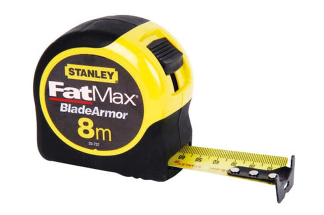 Stanley FatMax 8m x 32mm tape measure features a durable blade, 3.3m standout, and metric-only design for precision measuring.