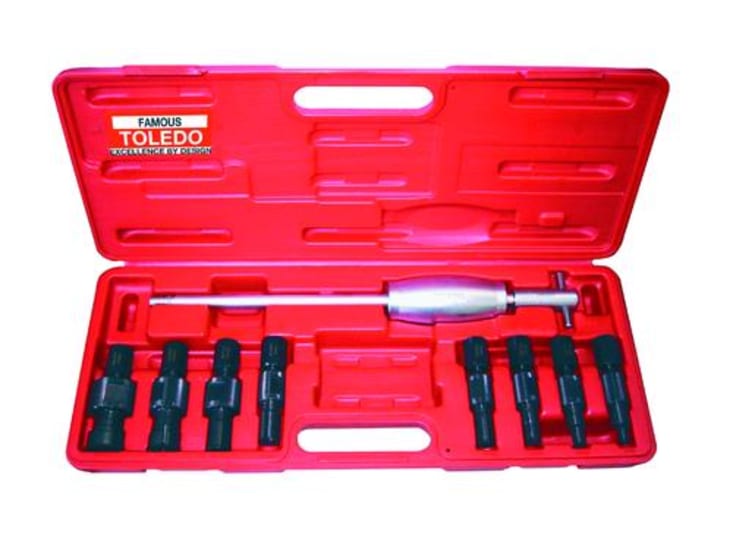 Toledo Split Collet Extractor Set with 9 pieces for efficient, damage-free removal of bearings and seals, stored in a hard case.