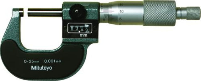 MITUTOYO Outside Micrometer 0-25mm 193-101, precision tool with carbide tips, direct readout, and fitted case for accurate measurements.