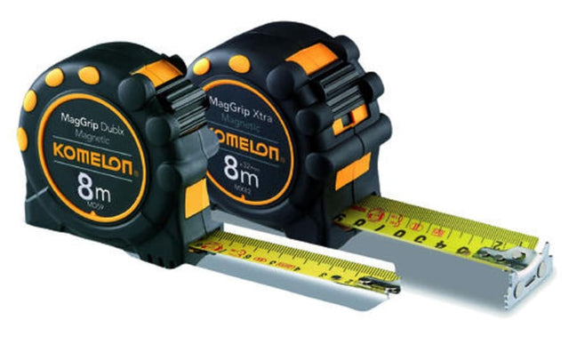 Komelon Tape Measure TA3360 with magnetic end hook, nylon-coated blade, and rubberized case for durability and comfort.