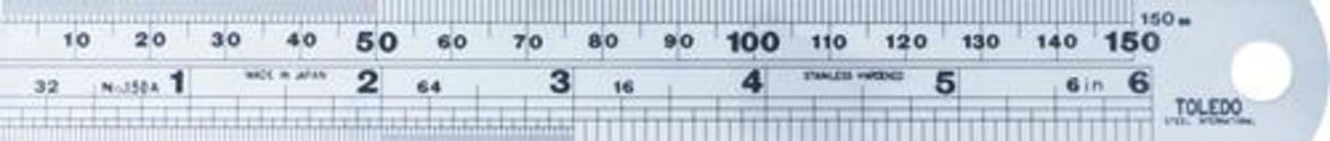 Toledo stainless steel rule measuring 1500mm, featuring metric and imperial graduations, durable design, and practical hanging hole.