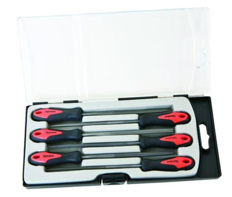 7-piece Needle File Set with various file shapes, handle included, ideal for precise detailing in wood, metal, and plastic.