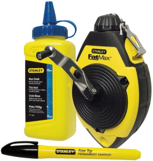 Stanley Fatmax Chalk Line Set with 4 oz. blue chalk, 30m length, perfect for precise marking and layout tasks.