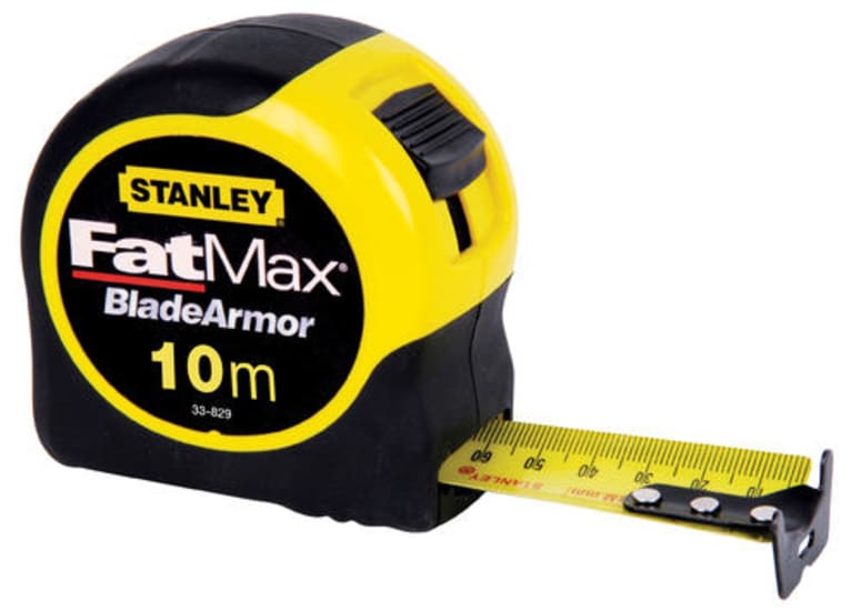 STANLEY FATMAX Tape Measure 10m with durable design, 3.3m standout, wide blade, and versatile multi-catch hook for precision measuring.