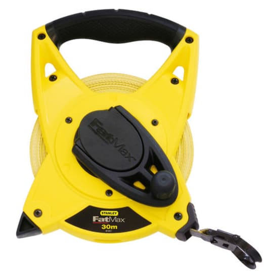 STANLEY FATMAX Tape Measure 30m x 19mm, featuring durable blade, ergonomic grip, and metric-only design for precise measurements.