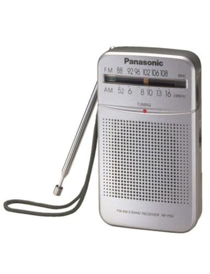 Portable Panasonic FM Radio RF-P50GC9-S with 2-band reception, analog tuner, LED indicators, and built-in speaker for clear sound.