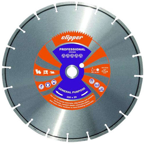 Norton Clipper Turbo Diamond Blade 400mm for cutting concrete, brick, and stone, designed for professionals and DIYers.