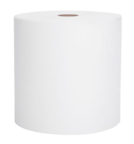 Scott 1-ply hard roll paper towels in white, 305m per roll, eco-friendly, high absorbency, case of 6 rolls for efficient cleaning.