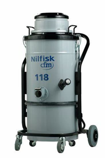 Heavy-duty NILFISK CFM118K industrial vacuum with powerful suction, advanced filtration, and ergonomic design for efficient cleaning.