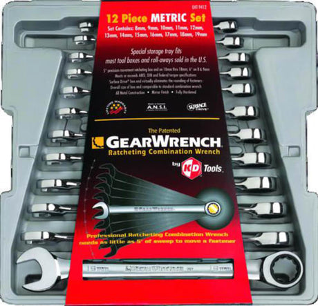 Metric 12pc ratchet spanner set with chrome vanadium steel, 5° box end, and Surface Drive Plus technology for enhanced grip and torque.