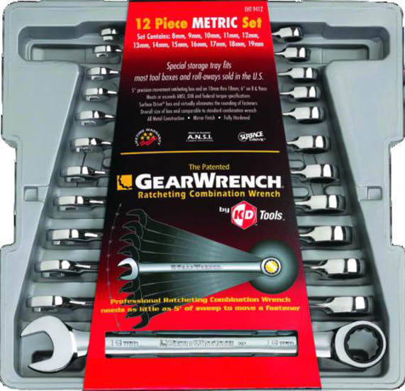 Metric 12pc ratchet spanner set with chrome vanadium steel, 5° box end, and Surface Drive Plus technology for enhanced grip and torque.