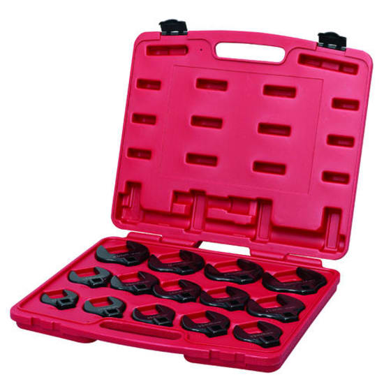 Toledo 14-piece crowfoot wrench set in a blow-mold case, sizes 27mm to 50mm, featuring durable alloy steel and a polished finish.