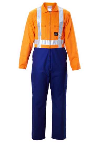 Hard Yakka Hi Vis Zip Overall in blue/orange, size 6, features durable fabric, heavy-duty zip, and multiple pockets for safety and comfort.