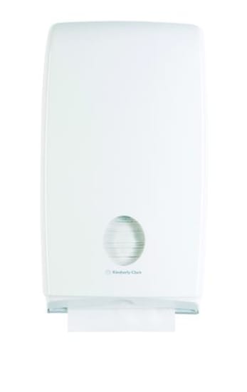 Kimberly Clark Aquarius Optimum Towel Dispenser in sleek white, designed for hygiene and easy maintenance in high-traffic areas.