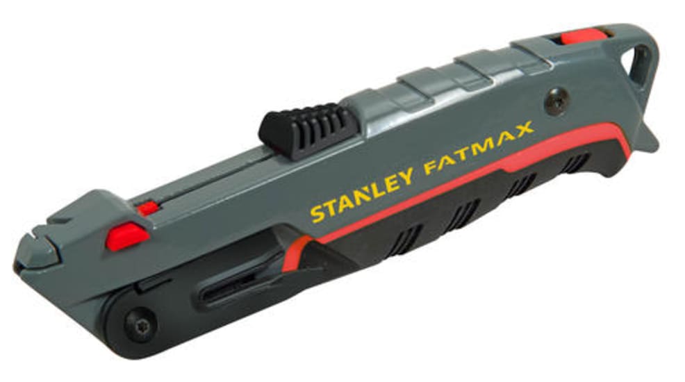 Stanley self-retracting safety knife with auto-retracting blade and tape splitter for versatile cutting and enhanced safety.