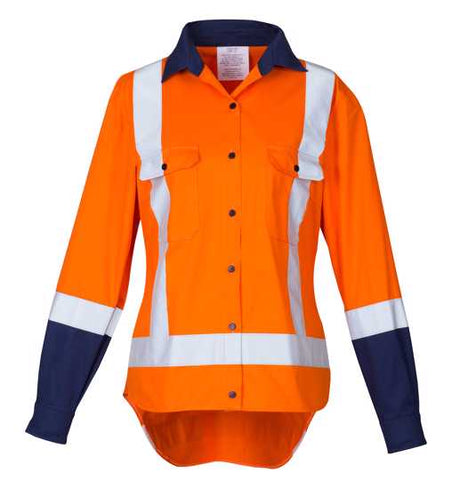 Lightweight women's TTMC-W17 shirt in Fluro Orange and Navy, featuring venting, sun collar, and secure button pockets. Size 10.