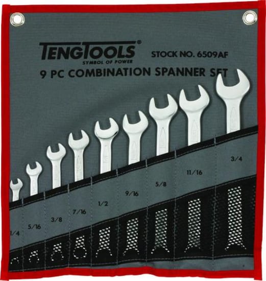 Teng 9-piece Combination AF Spanner Set in canvas roll, crafted from Chrome Vanadium, featuring satin finish and polished heads.