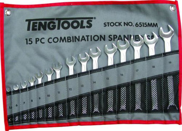 15-piece Teng Combination Metric Spanner Set in a durable canvas wallet, perfect for professional and DIY tasks.