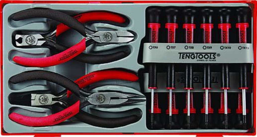 Teng 16pc mini plier and screwdriver set with 12 screwdrivers and 4 pliers in a modular TC tray for organized precision.