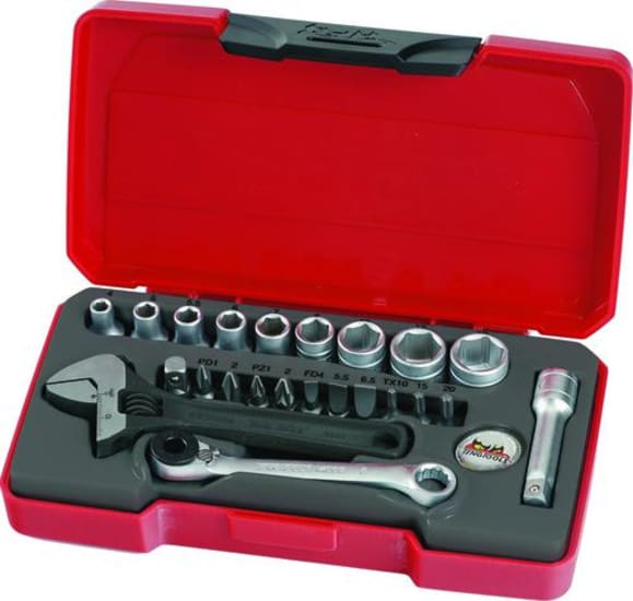 Teng Tools 1/4 Drive Socket Set - 23 Piece: Compact toolkit with 4-13mm sockets, mini ratchet, driver bits, and adjustable wrench.