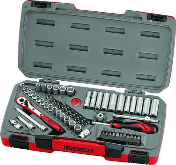 60pc Teng 1/4in drive socket set in durable case, includes metric/AF regular/deep sockets and various tools for repairs.