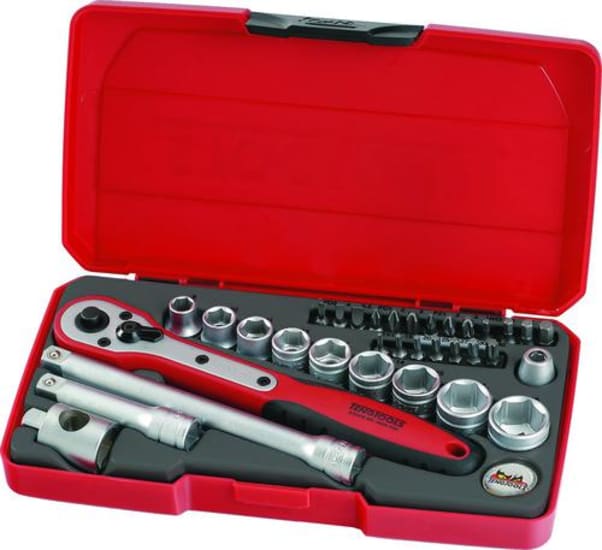 34-piece Teng 3/8in drive socket set with metric 6-point sockets, ratchet, extensions, and durable plastic case for versatile use.