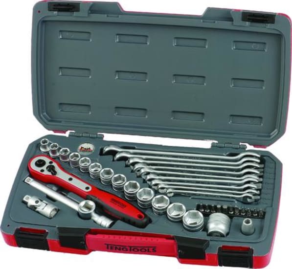 Teng 39pc socket and spanner set featuring 6-point metric sockets, extension bar, ratchet, and screwdriver bits in a portable case.