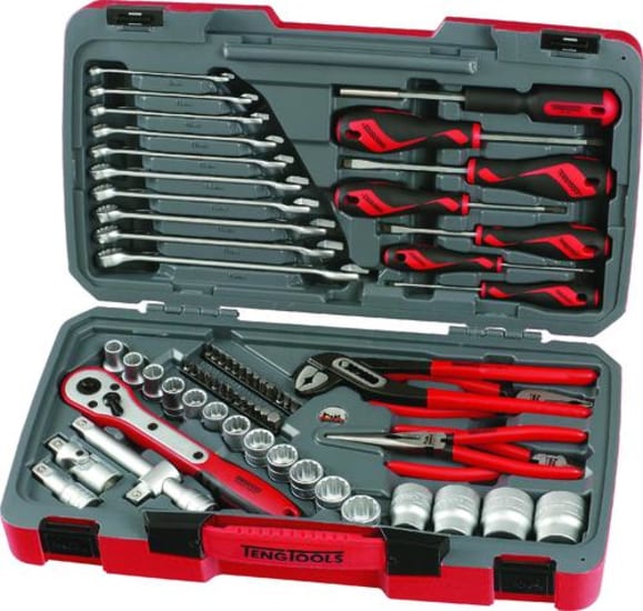 68-piece Teng metric socket and tool set with ratchet, sockets, spanners, screwdrivers, and carrying case for versatile repairs.