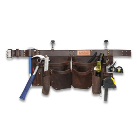 Premium leather split leg apron with multiple pockets for organized tool carrying, ideal for professionals and DIY enthusiasts.