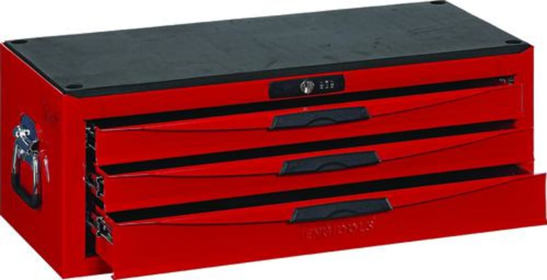 Teng 3 Drawer 8-Series toolbox in red lacquered steel, featuring lockable drawers with smooth ball bearing slides for secure tool storage.